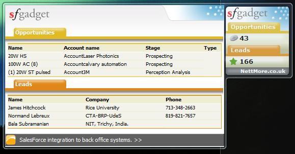 SalesForce Gadget - Latest 3 leads and opportunities in flyout. SalesForce Gadget - Latest 3 leads and opportunities in flyout.